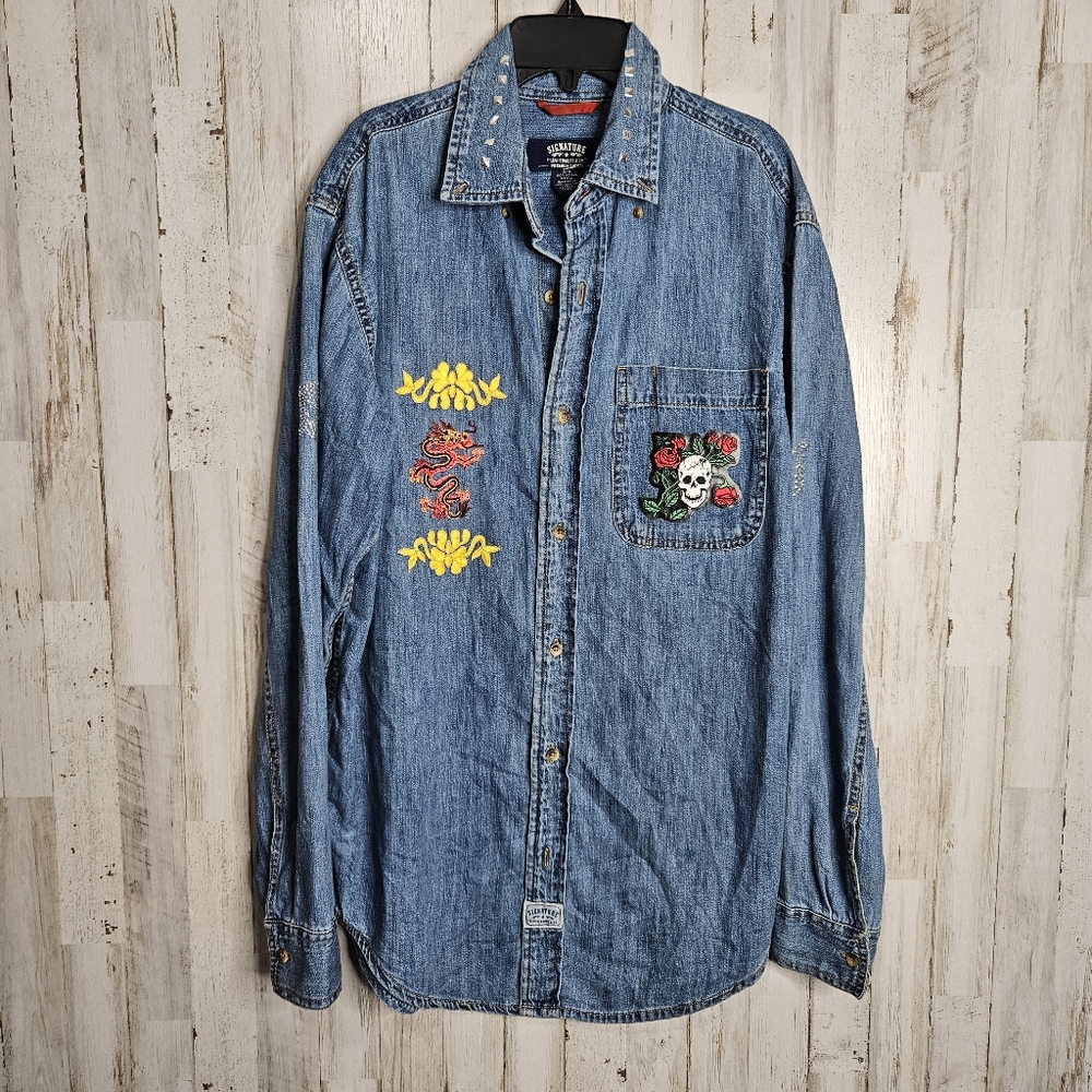 Levi's Signature Denim Chambray Long Sleeve Upcycled Shirt Button Front Unisex - Picture 12 of 13